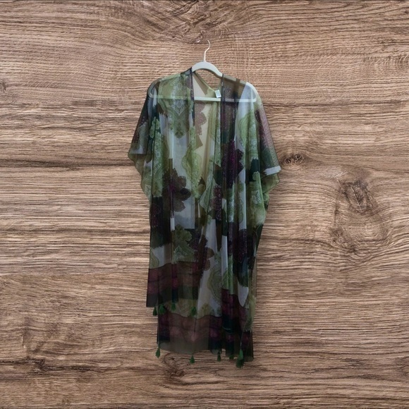 Cato, sheer duster/kimono. One size. Green. Fringe tassel. - Picture 1 of 7
